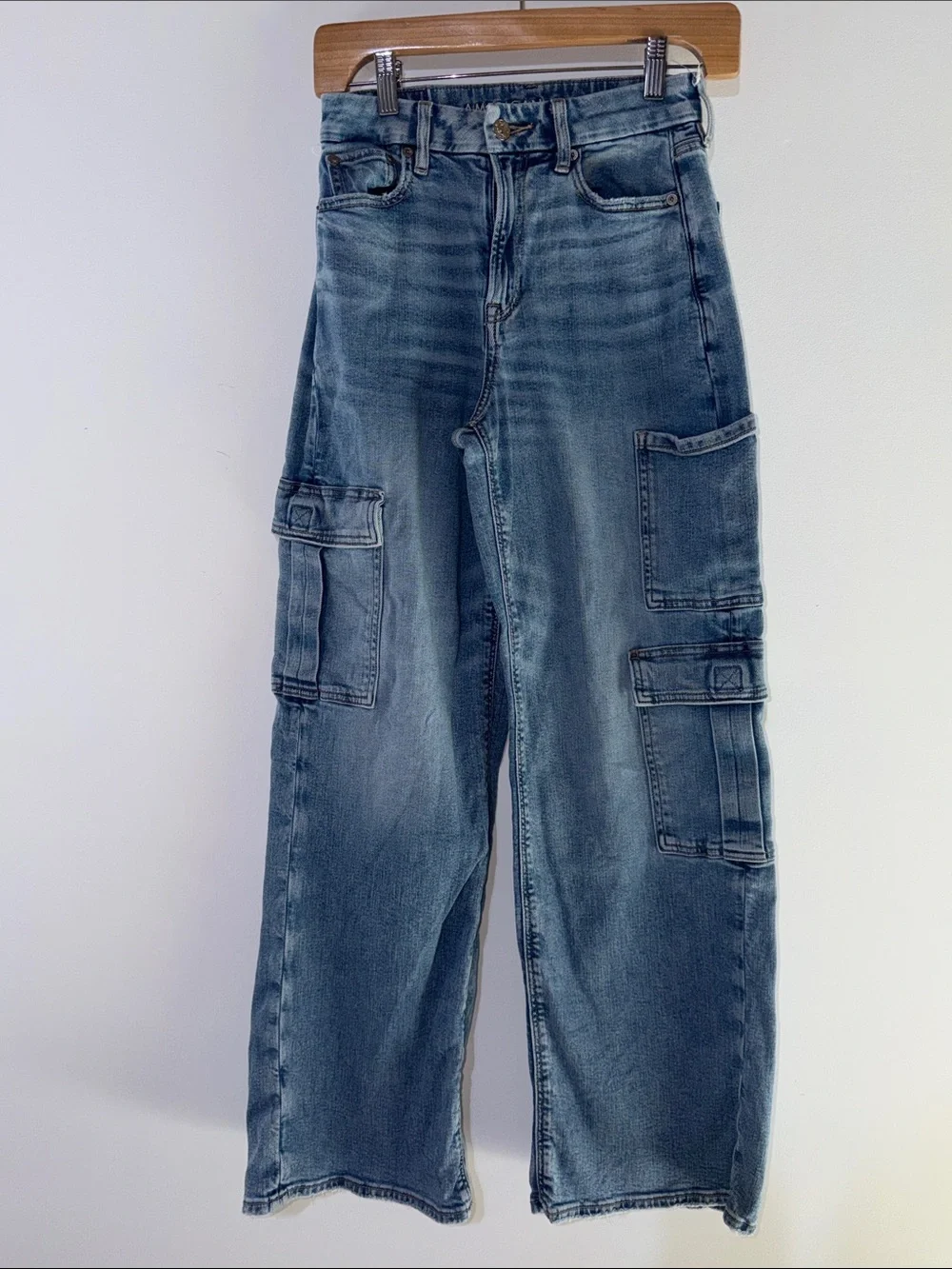 American Eagle Outfitters Jeans Denim Wide-Leg Curvy Baggy Stretch Cargo size 0